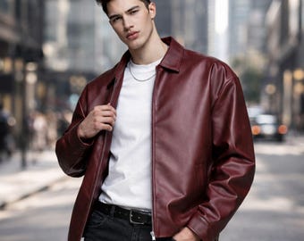 Men's Purple Burgundy 1980 Oversized Leather Jacket Vintage Bomber Coat, Harrington Street Style Coat