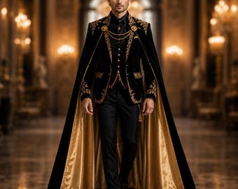 May include: A black velvet suit featuring a matching cape with gold embroidery, a black button-down vest, and black trousers. The cape is lined with a metallic gold fabric and features gold chain detailing across the chest and shoulders.