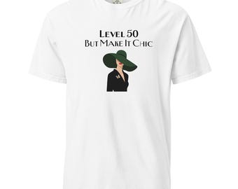 Koszulka Level 50 – szykowny strój na 50. urodziny, elegancki, modny T-shirt z grafiką, prezent dla niej