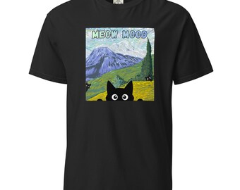Koszulka z motywem kota Meow Mood – inspirowana sztuką Van Gogha, zabawny prezent dla miłośnika kotów