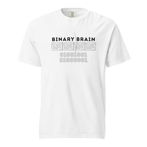 Peut inclure: T-shirt blanc avec l'inscription "BINARY BRAIN" en noir, accompagnée de code binaire et de chiffres. Un style décontracté et confortable, idéal pour les passionnés de technologie et les programmeurs.