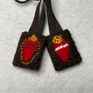 Miniature Sacred Heart and Immaculate Heart Hand Embroidered Scapular