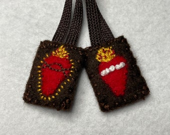 Miniature Sacred Heart and Immaculate Heart Hand Embroidered Scapular