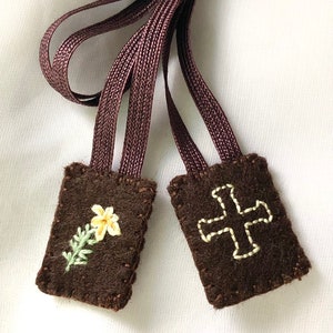 Tiny Brown Scapular with Cross and Lily