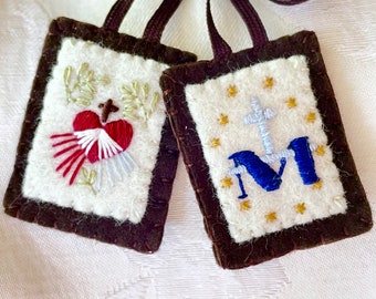 Divine Mercy and Miraculous Medal Hand-Embroidered Brown Scapular