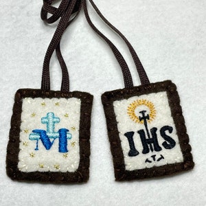 IHS and Miraculous Medal Hand-Embroidered Brown Scapular