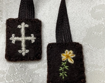 Tiny Brown Scapular with Cross and Lily