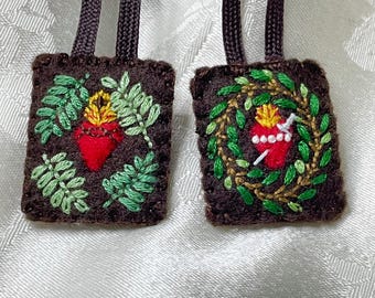 Palms and Olive Wreath Sacred and Immaculate Hearts Brown Scapular