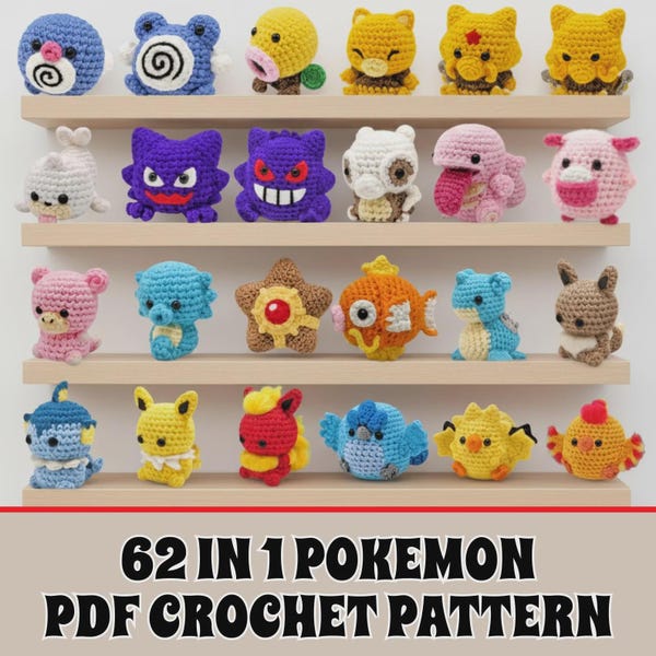 62 in 1 ミニポケモンかぎ針編み PDF - ピカチュウ、ヒトカゲ、ゼニガメ、フシギダネなど - インスタントデジタルダウンロード