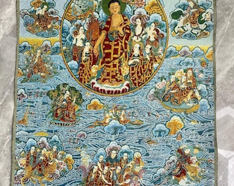 Silk Buddha Thangka Scroll Teaching Scene Buddhist Wall Hanging Zen Decor