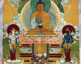 Tibetano Amitabha Buda Brocado Thangka Tierra Pura Deidad Tapiz Meditación Altar Arte