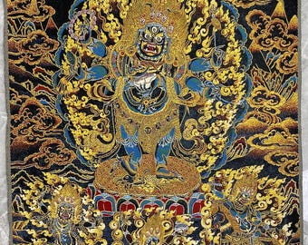 Black Gold Brocade Tibetan Vajra Protector Thangka Sacred Deity Wall Art Collection Hanging