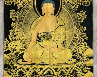 Thangka de Buda Shakyamuni con brocado de oro negro, arte de pared budista tibetano, decoración para entrada y sala de estar