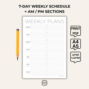 Utskrivbar veckoplanerare med FM/EM-sektioner: Minimalistiskt 7-dagarsschema, A4 A5 Letter-format