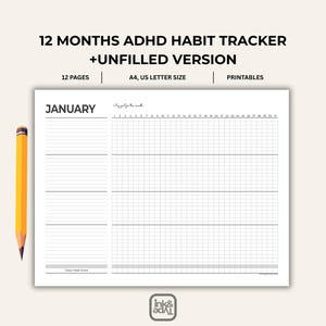 ADHD 30-Day Habit Tracker: 12-Month Minimalist PDF in A4 and Letter Size
