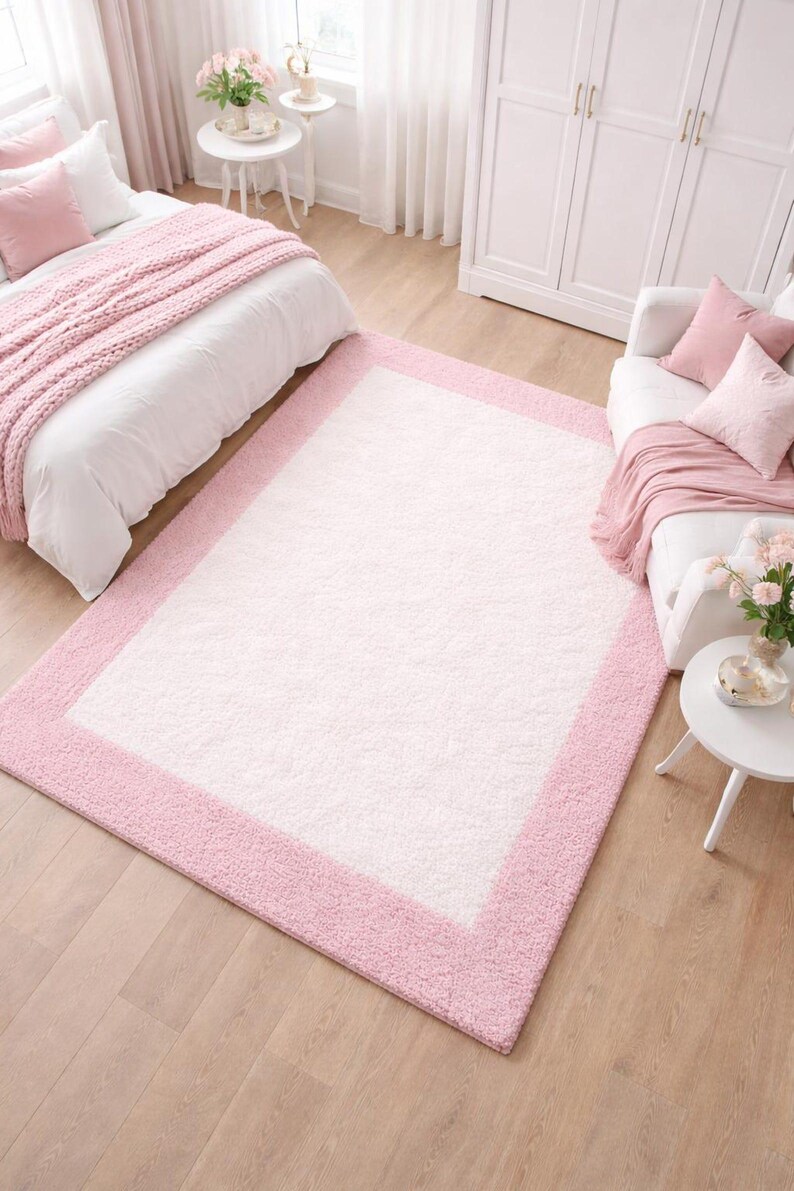 Border Area Rug Pink Hand Tufted Pink Border Rug, Soft Plush Area Rug, Luxury Handmade ...