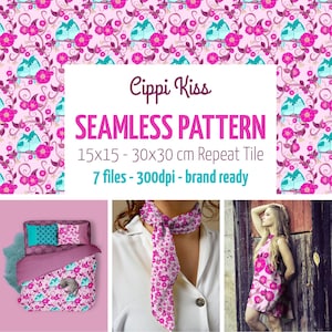 Può includere: Un design a motivo continuo con sfondo rosa, uccelli turchesi, fiori rosa e viti. Il design è mostrato su biancheria da letto, una sciarpa e un vestito. Il testo recita "Cippi Kiss SEAMLESS PATTERN 15x15 - 30x30 cm Repeat Tile 7 files - 300dpi - brand ready."