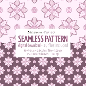 Può includere: Download digitale di un motivo floreale senza cuciture nei toni del rosa. Il design presenta fiori stilizzati ed elementi circolari. Il testo include "Quiet Garden - Pink Pack" e "SEAMLESS PATTERN". Include 10 file, con dimensioni delle piastrelle di 30x30 cm e 15x15 cm e una tela di 150x100 cm.