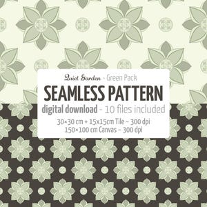 Può includere: Un download digitale con un motivo senza cuciture con un design floreale nei toni del verde e del crema. Il motivo include un motivo floreale ripetuto e il testo "SEAMLESS PATTERN". Include 10 file, piastrelle da 30x30 cm e 15x15 cm e tela da 150x100 cm.