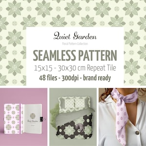 Può includere: Un design digitale con un motivo floreale e un design ripetitivo. Il testo recita "Quiet Garden Floral Pattern Collection" e "SEAMLESS PATTERN 15x15 - 30x30 cm Repeat Tile 48 file - 300dpi - brand ready". L'immagine mostra anche un taccuino, biancheria da letto e una sciarpa.