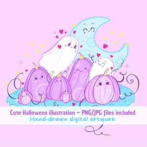 Può includere: Un'illustrazione digitale con zucche viola, due fantasmi bianchi e una luna crescente blu sorridente con stelle gialle e cuori rosa. Il testo recita: Cute Halloween illustration - PNG/JPG files included. Hand-drawn digital artwork.