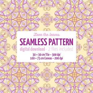 Può includere: Un motivo floreale ripetuto in tonalità di giallo, viola e lavanda. Il design include il testo "Love the leaves" e "SEAMLESS PATTERN". Il download digitale include due file: una piastrella di 30 x 30 cm e una tela di 100 x 75 cm.
