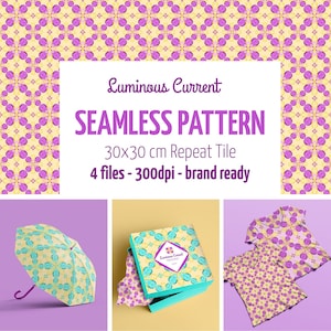 Può includere: Design a motivo floreale ripetuto senza cuciture nei toni del giallo, viola e verde acqua. L'immagine include un ombrello, una scatola e due magliette che mostrano il motivo. Il testo recita "Luminous Current SEAMLESS PATTERN", con una piastrella da 30x30 cm.