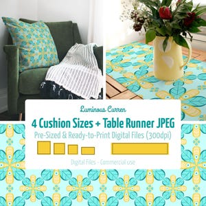 Può includere: File digitali con un motivo floreale turchese e giallo. L'immagine mostra un cuscino, un runner da tavolo e una sedia con una coperta. Il testo sull'immagine recita "Luminous Curren" e "4 Cushion Sizes + Table Runner JPEG".