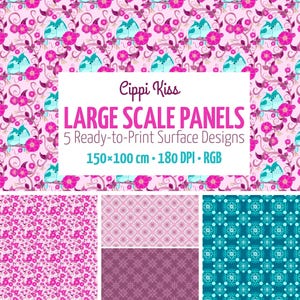 CIPPI KISS Large Scale Floral Bird Panel Set – 5 Ready-to-Print Textile Artworks – Home Decor Fabric Design, Instant Download