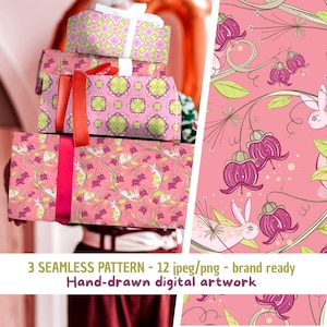 Può includere: Tre scatole regalo impilate avvolte in carta con motivi geometrici e floreali rosa, verdi e bianchi con nastri rossi. Il testo recita 3 SEAMLESS PATTERN - 12 jpeg/png - brand ready Hand-drawn digital artwork.