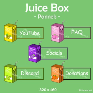 May include: Illustration of juice boxes with different fruit flavors: pineapple, peach, grape, pear, and orange. Each box has a straw and is labeled with a social media platform or FAQ. The image includes the text "Juice Box - Panels."