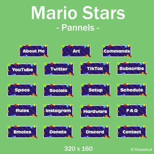 May include: A set of digital panels on a green background with the text Mario Stars - Pannels - and 320 x 160. The rectangular dark blue panels feature colorful star icons and white text labels including About Me, Art, Commands, YouTube, Twitter, TikTok, Subscribe, Specs, Socials, Setup, Schedule, Rules, Instagram, Hardware, F.A.Q, Emotes, Donate, Discord, and Contact.