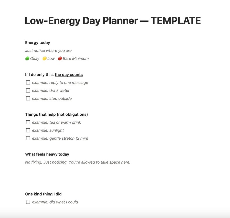 Low Energy Day Planner Notion Template for ADHD Burnout | Gentle ...