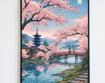 Póster de arte mural de primavera de Kioto, póster de viaje japonés, póster de flores de cerezo de primavera japonesas, arte mural japonés, decoración mural japonesa