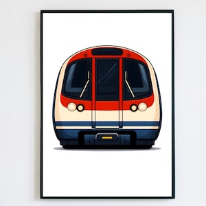Op de afbeelding: Ingelijste illustratie van een metro. De trein wordt frontaal getoond met een rood dak, een crèmekleurige carrosserie en blauwe accenten. Het heeft twee ronde koplampen en een rechthoekig raam.