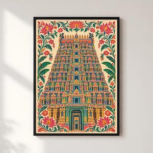Estampado indio del templo Meenakshi / Arte mural del Gopuram del sur de la India