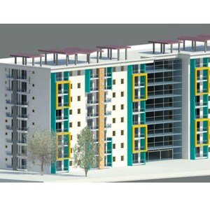 May include: A 3D architectural rendering of a multi-story apartment building. The building features a white facade with teal and gold accents. The roof has a series of dark red panels. Trees are in front of the building.