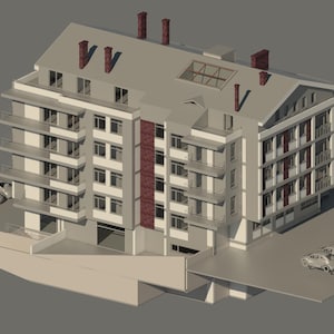 May include: A 3D architectural rendering of a multi-story building with a light gray facade, balconies, and a red brick accent. Several small cars are parked in front of the building. The roof has chimneys and a skylight.