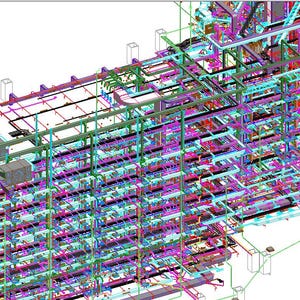 Könnte beinhalten: Ein komplexes 3D-Architekturrendering einer Industriestruktur. Das Bild zeigt ein dichtes Netzwerk von Rohren, Kanälen und Strukturelementen in verschiedenen Farben, darunter Grün, Lila und Blau. Der Entwurf scheint eine detaillierte Blaupause oder technische Zeichnung zu sein.