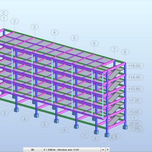 May include: Isometric architectural rendering of a multi-story building frame. The structure features a grid of blue, green, and purple beams, with labeled height measurements in feet. The design includes stairs and a 3D axis indicator.