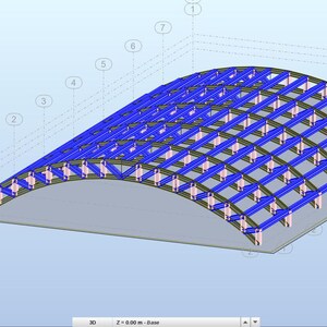 以下が含まれることがあります： 曲面屋根構造の3D建築レンダリング。デザインは、垂直および水平ビームで支えられた青色の格子状フレームワークを特徴としています。構造は、番号付きの参照ポイントを備えた水色の背景に設定されています。
