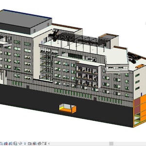May include: A 3D architectural rendering of a multi-story building with a flat roof. The building features a mix of gray, white, and orange panels, with numerous windows. The software interface is visible on the left and right sides of the image.