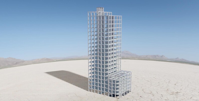 May include: A tall, white, skeletal skyscraper structure stands on a cracked, light-colored surface under a clear blue sky. The building's framework is visible, with a rectangular base and a taller, narrower tower.