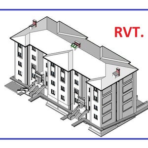 May include: Isometric architectural illustration of a multi-story building with a gray roof and white walls. The building has multiple windows and entrances with stairs. The text "RVT." is in red in the upper right corner.