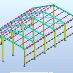 Op de afbeelding: Een 3D-architectuurweergave van een gebouwframe. De structuur heeft een geel steunframe, met een dakframe in groen, paars en blauw. Het ontwerp bevat tekstlabels met afmetingen.