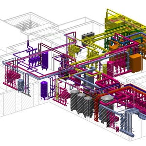 May include: A 3D architectural rendering of an industrial facility's internal systems. The image showcases a complex network of pipes and equipment in various colors, including pink, yellow, blue, and purple, against a white background.