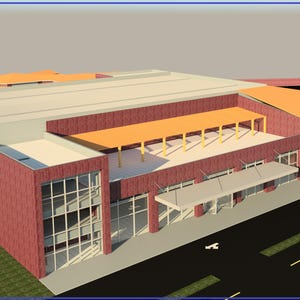 May include: Architectural rendering of a modern building with a multi-level design. The structure features a glass-enclosed section, a red brick facade, and a flat roof with an orange overhang. The parking lot is visible in the foreground.