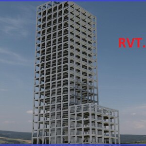 May include: A tall, modern building with a skeletal frame design. The structure is primarily gray and white, with a grid-like pattern. The sky is blue with some clouds. The text "RVT" is in red.