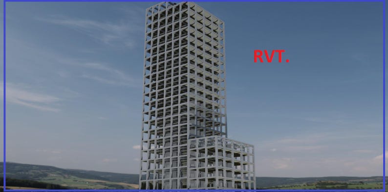 May include: A tall, modern building with a skeletal frame design. The structure is primarily gray and white, with a grid-like pattern. The sky is blue with some clouds. The text "RVT" is in red.