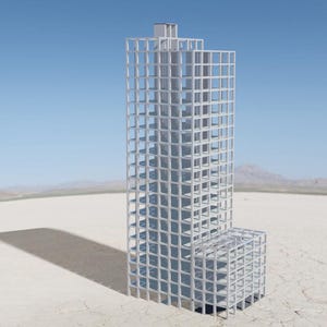 May include: A white, open-frame skyscraper model stands on a white, arid landscape under a clear blue sky. The building's structure is visible, with a grid-like design. The shadow of the building stretches across the ground.
